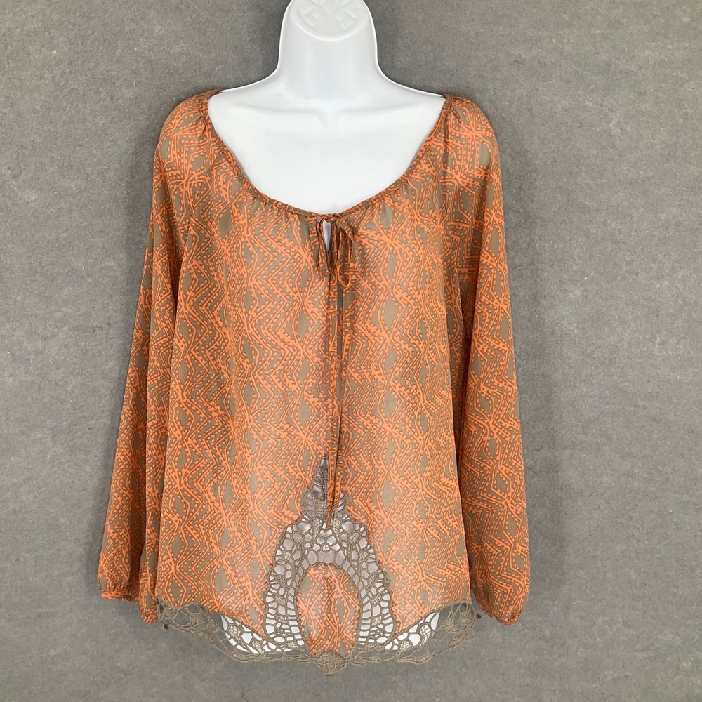Blu Pepper Top Women's Sz L Orange Brown Sheer Flowy Long Sleeve Boho Lace Trim